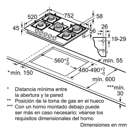 Anafe a gas BOSCH 5 hornallas 75cm Acero Inoxidable