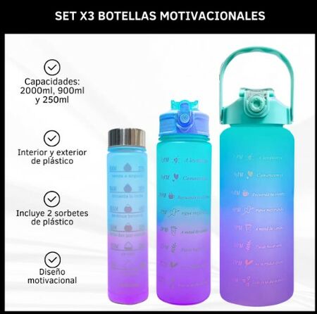Botellas Motivacionales Set X3 Degrade Plástico Con Pico Color