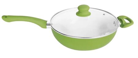 Wok Con Mango Y Tapa De Vidrio. D26 Cm Verde Carol 47126 VER
